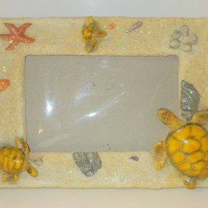 Vintage Coastal 3D Picture Frame Turtles & Shells Sand Texture 7.5" x 5.75"